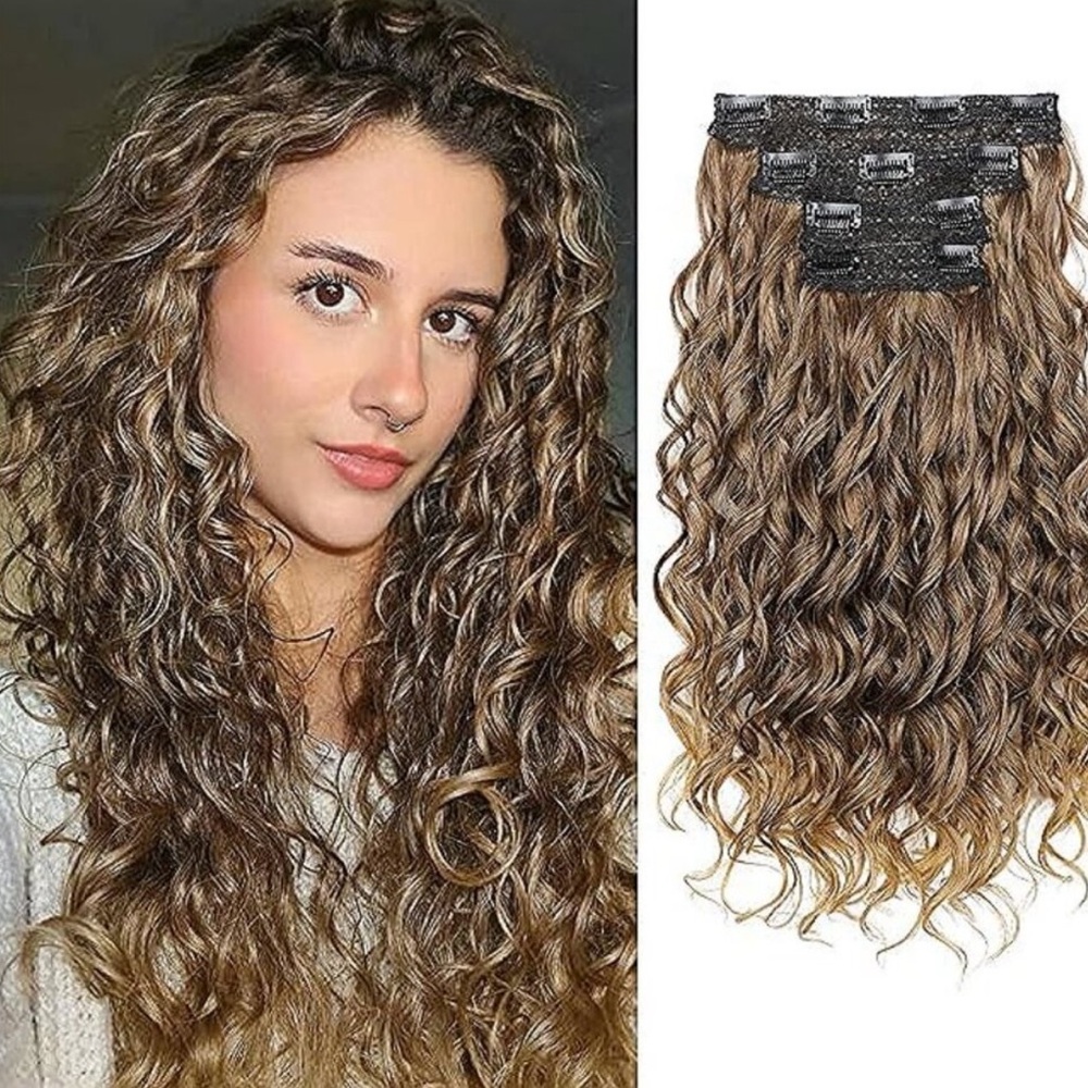 Curly Hair Extensions, 4PCS 16 inch Clip in Hair Extensions Lace Weft Short Curl